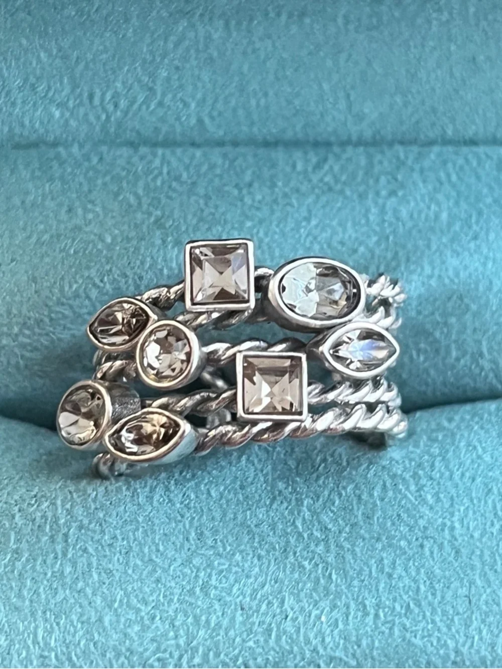 Silver-Tone Adjustable Wrap Cocktail Ring Multi-Row Twisted Rope Clear Crystals
